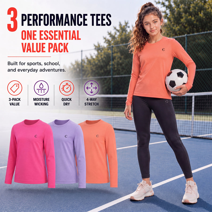 Essenclo girls long sleeve dry fit shirts 3-pack, wine / heather charcoal / light gray (photo 2)