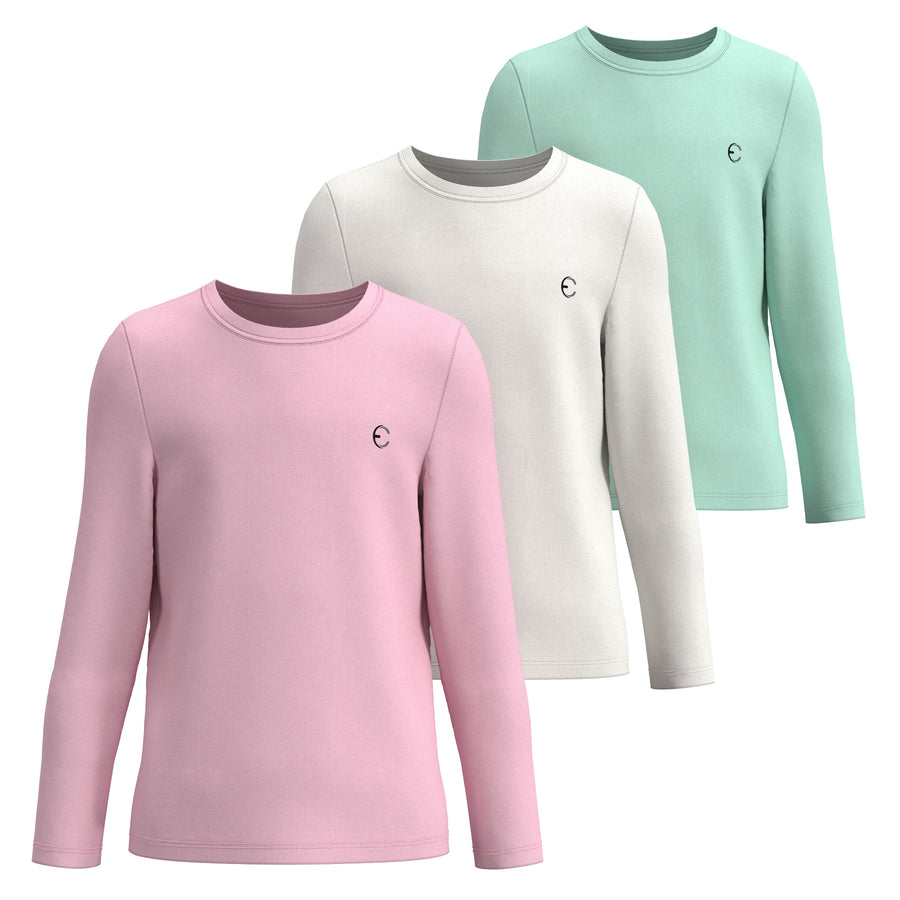 Essenclo girls long sleeve dry fit shirts 3-pack, soft pink / white / mint green