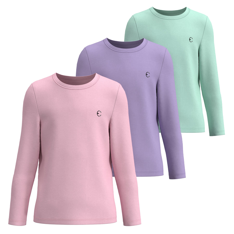 Essenclo girls long sleeve dry fit shirts 3-pack, soft pink / lavender / mint green