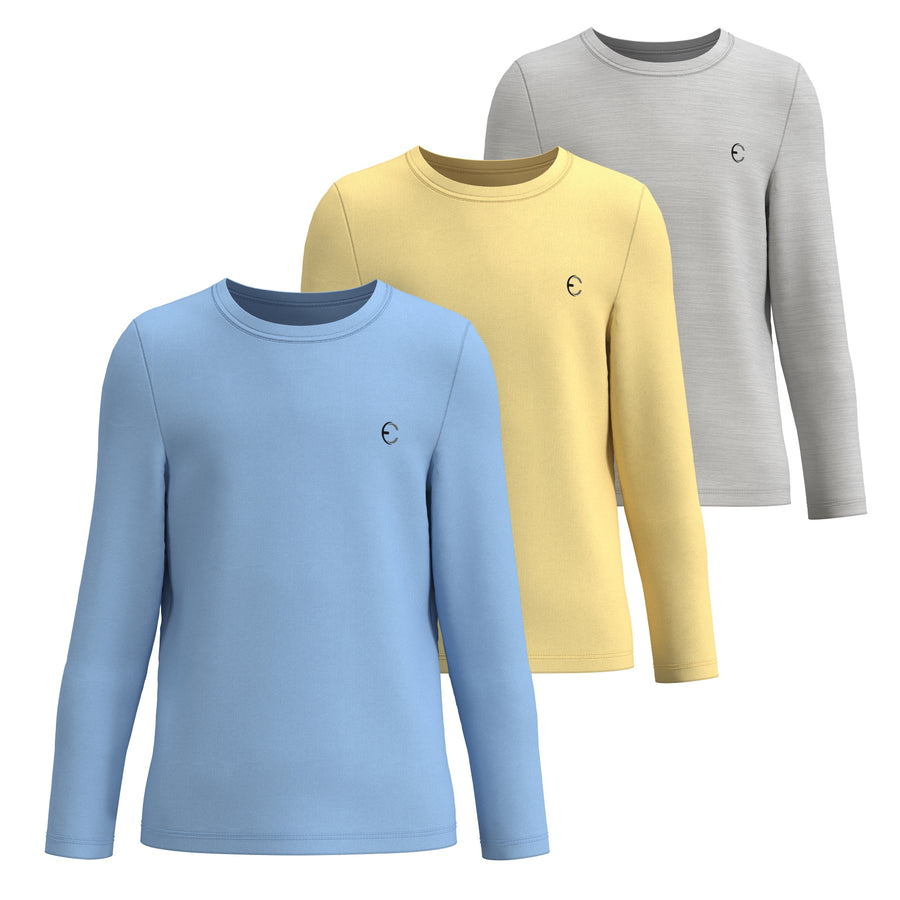 Essenclo girls long sleeve dry fit shirts 3-pack, light blue / yellow / gray