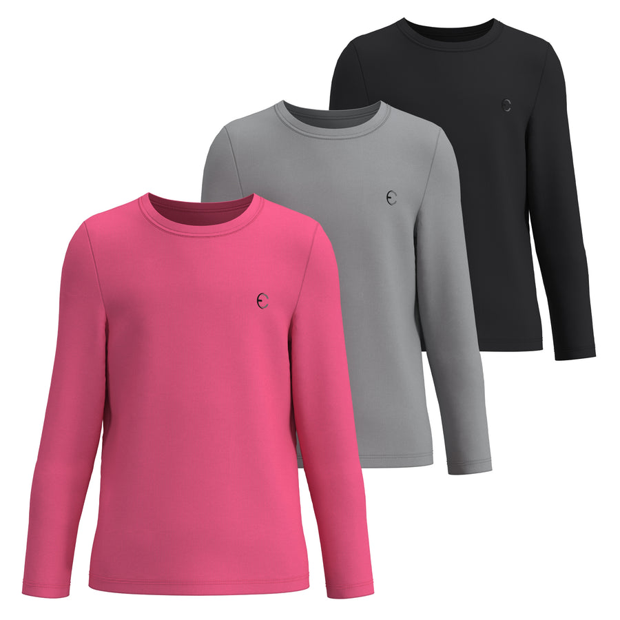 Essenclo girls long sleeve dry fit shirts 3-pack, pink / gray / black