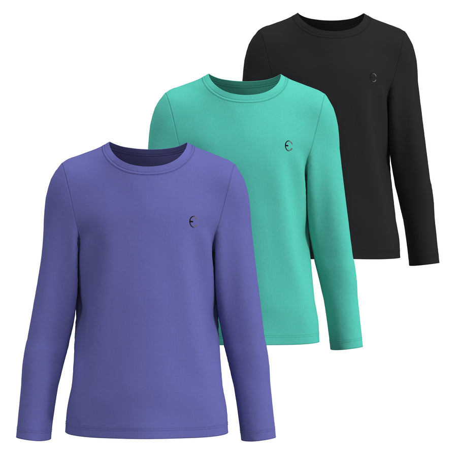 Essenclo girls long sleeve dry fit shirts 3-pack, purple / teal green / black