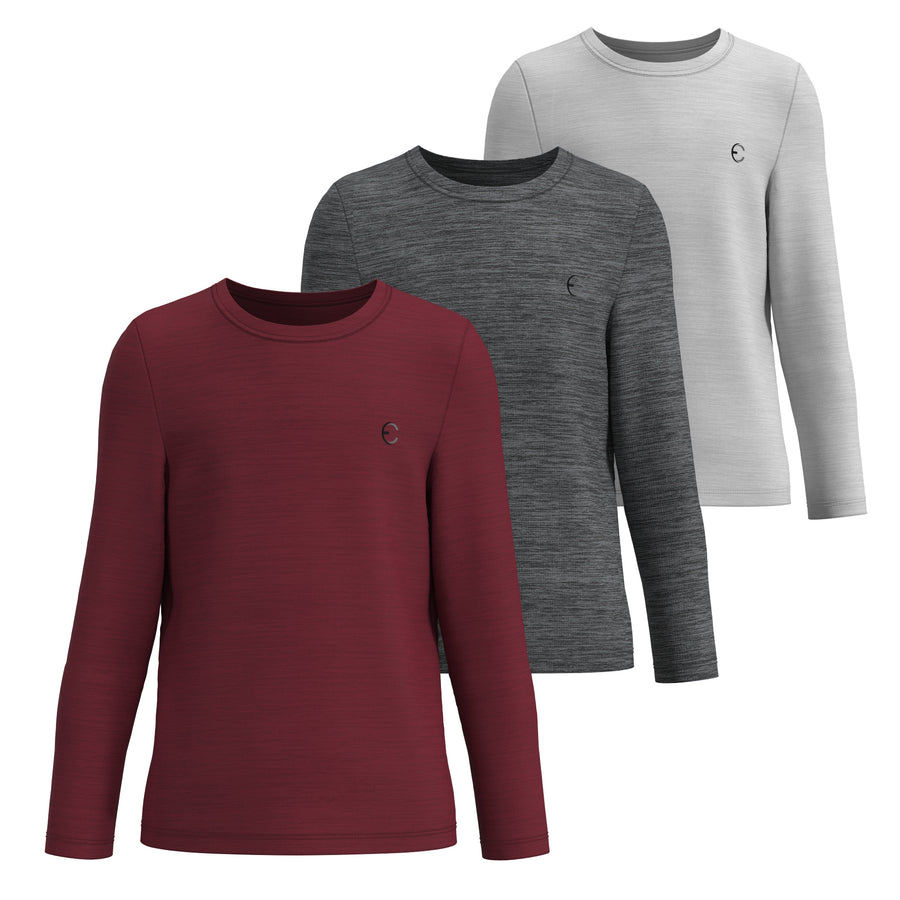 Essenclo girls long sleeve dry fit shirts 3-pack, wine / heather charcoal / light gray