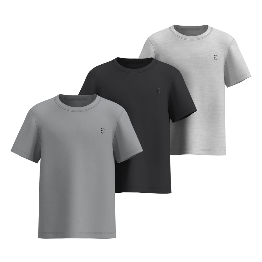 Essenclo boys dry fit crew neck T-shirts 3-pack, gray / black / light gray