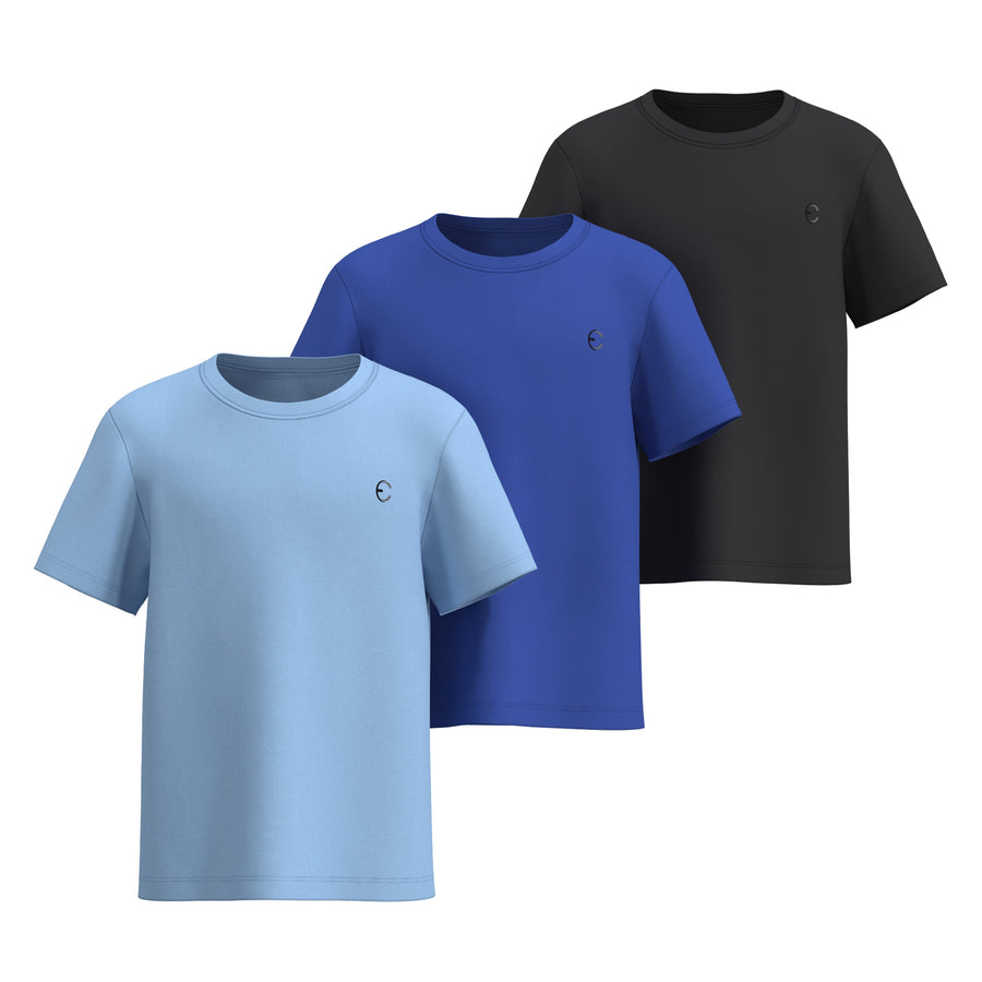 Essenclo boys dry fit crew neck T-shirts 3-pack, light blue / royal blue / black