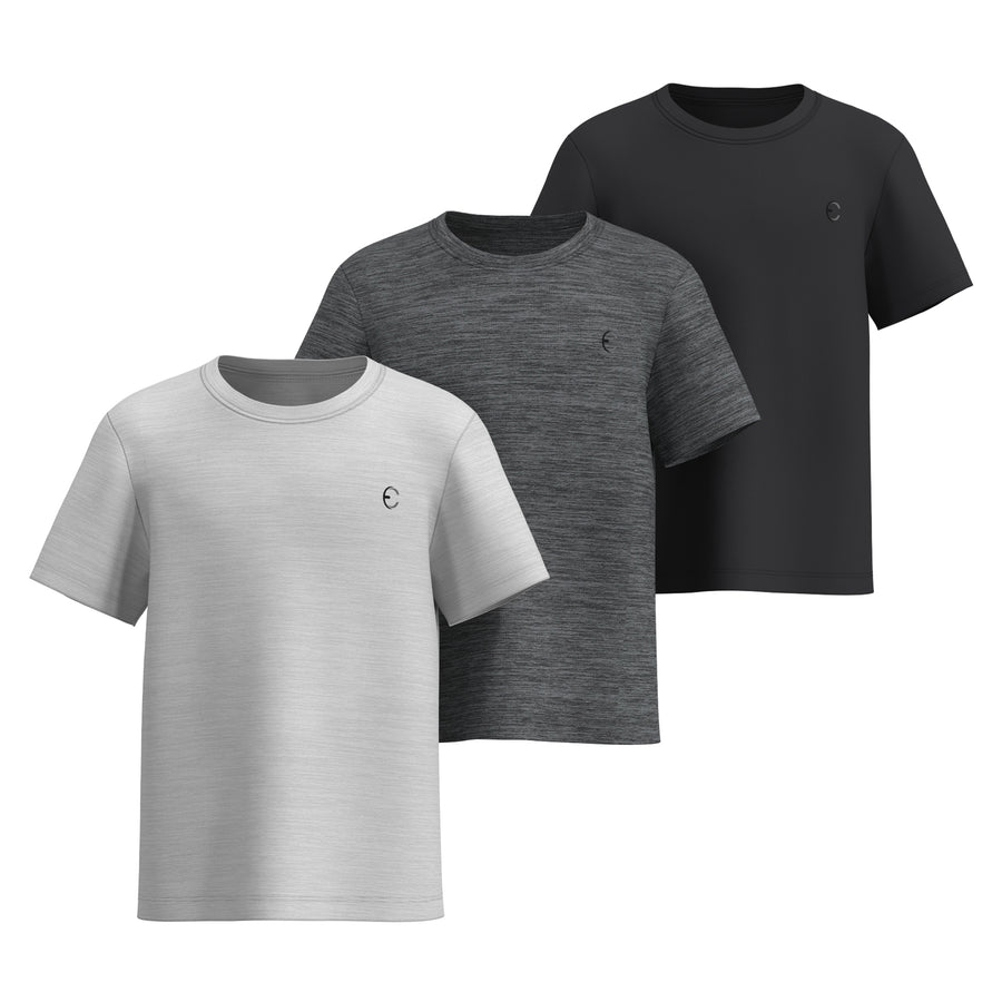 Essenclo boys dry fit crew neck T-shirts 3-pack, white / heather charcoal / black