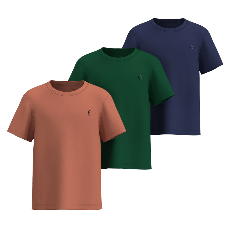 Essenclo boys dry fit crew neck T-shirts 3-pack, coral / evergreen / navy