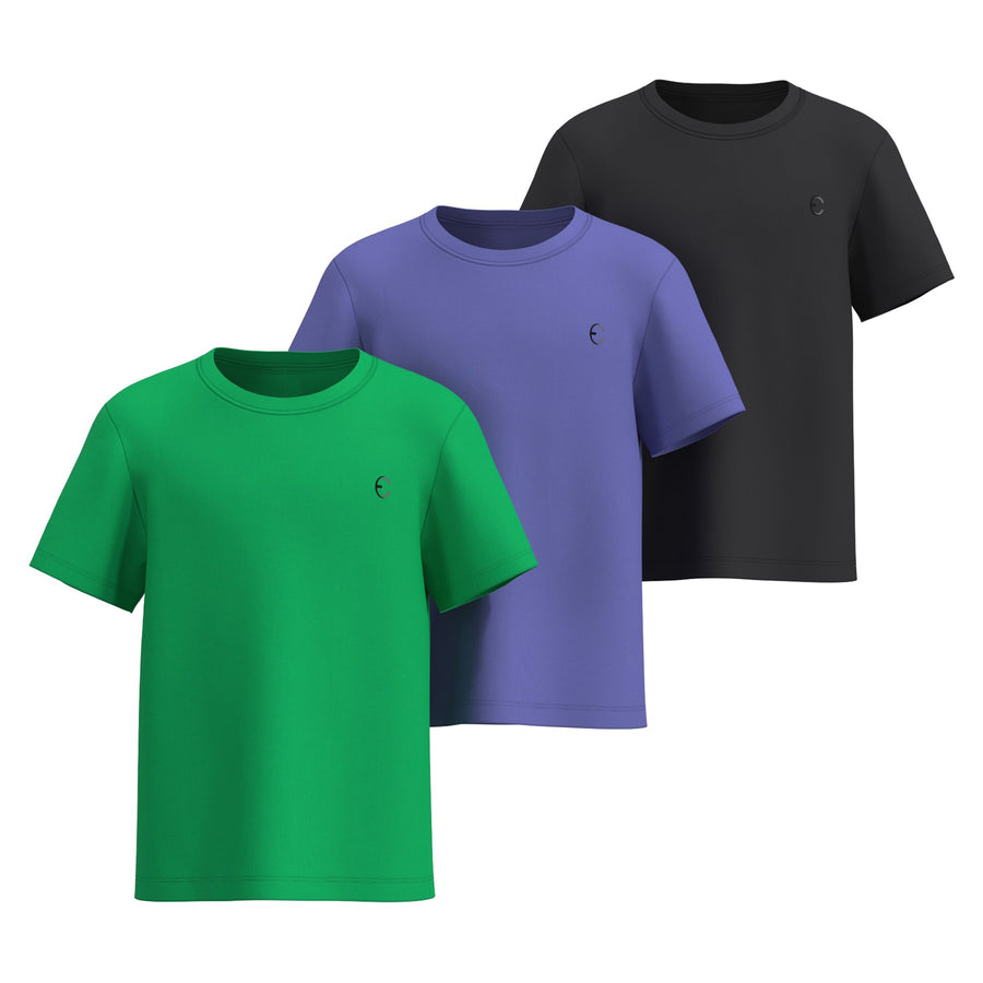 Essenclo boys dry fit crew neck T-shirts 3-pack, kelly green / purple / black