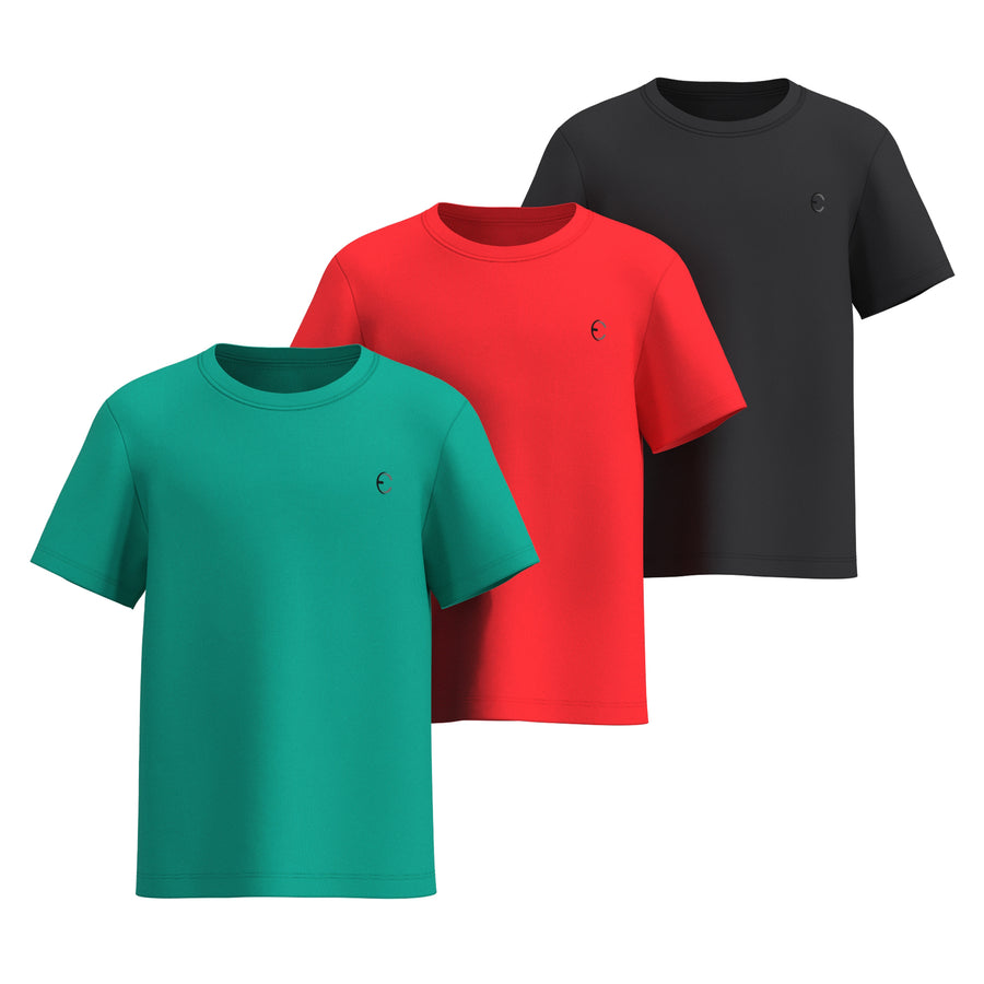 Essenclo boys dry fit crew neck T-shirts 3-pack, teal green / red / black