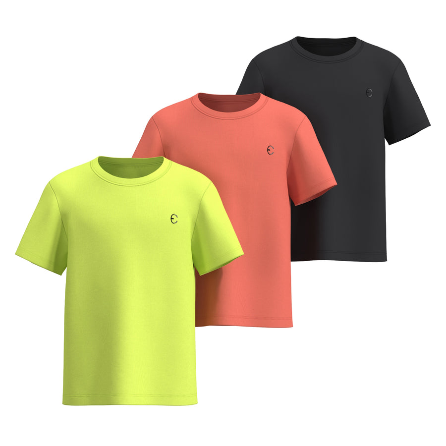 Essenclo boys dry fit crew neck T-shirts 3-pack, lime green / coral / black