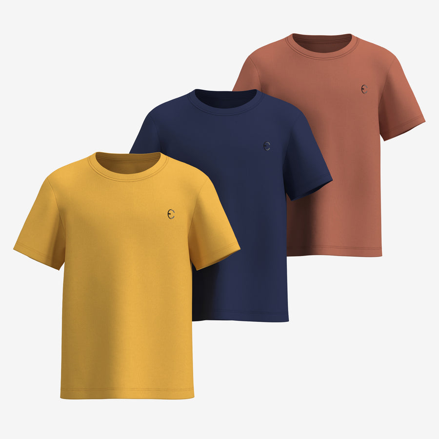 Essenclo boys dry fit crew neck T-shirts 3-pack, mustard / navy / brown