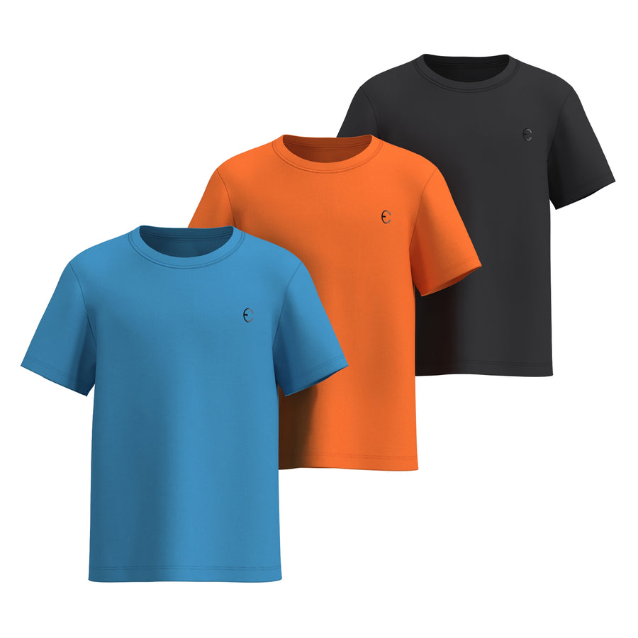 Essenclo boys dry fit crew neck T-shirts 3-pack, light blue / orange / black