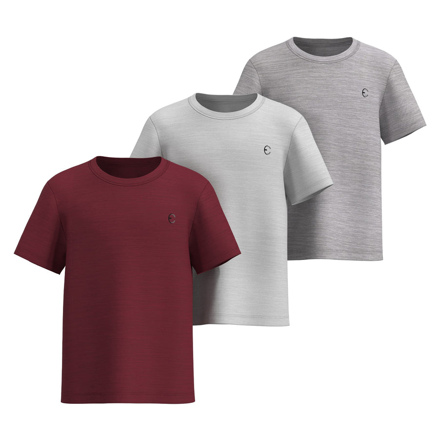 Essenclo boys dry fit crew neck T-shirts 3-pack, wine / light gray / gray