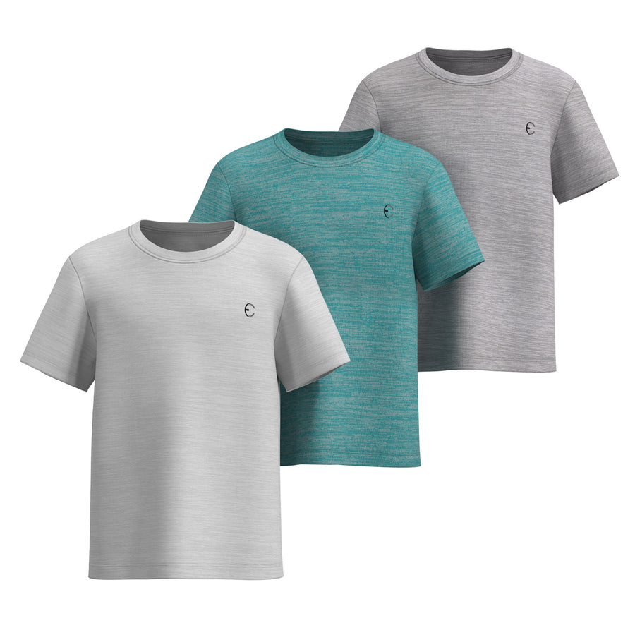 Essenclo boys dry fit crew neck T-shirts 3-pack, light gray / teal green / gray