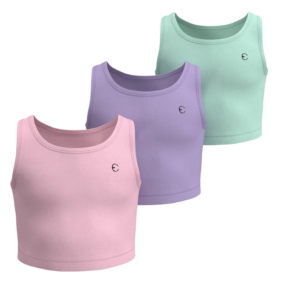 Essenclo girls athletic tank tops 3-pack, soft pink / lavender / mint green