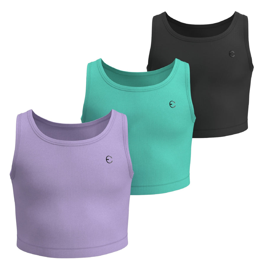 Essenclo girls athletic tank tops 3-pack, lavender / teal green / black