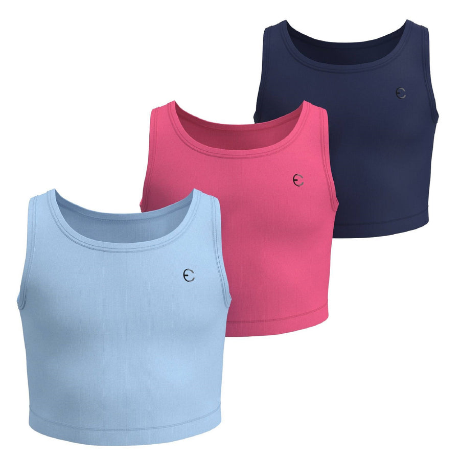 Essenclo girls athletic tank tops 3-pack, light blue / pink / navy