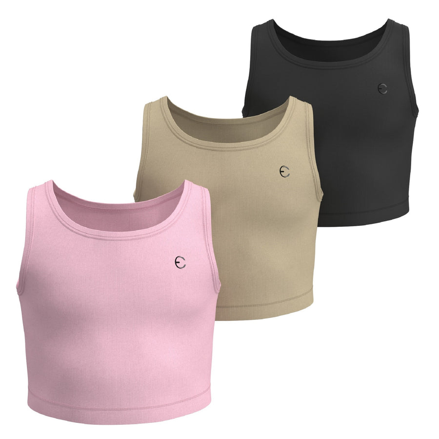 Essenclo girls athletic tank tops 3-pack, soft pink / khaki / black