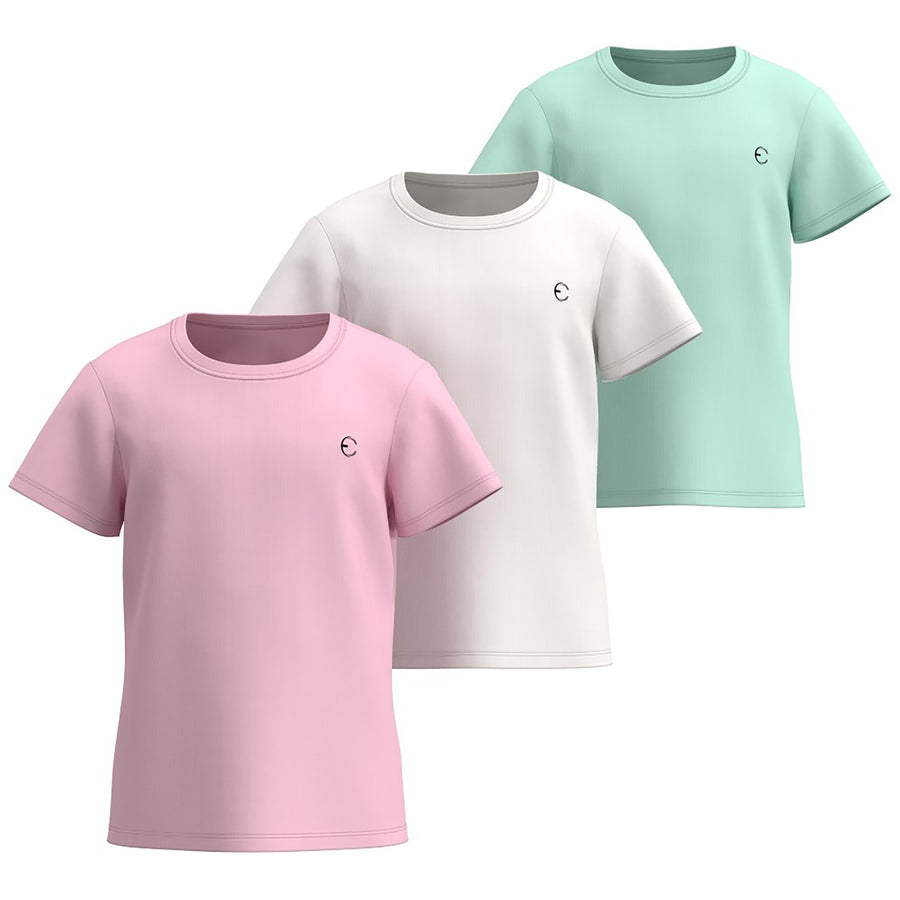 Essenclo girls dry fit crew neck T-shirts 3-pack, soft pink / white / mint green