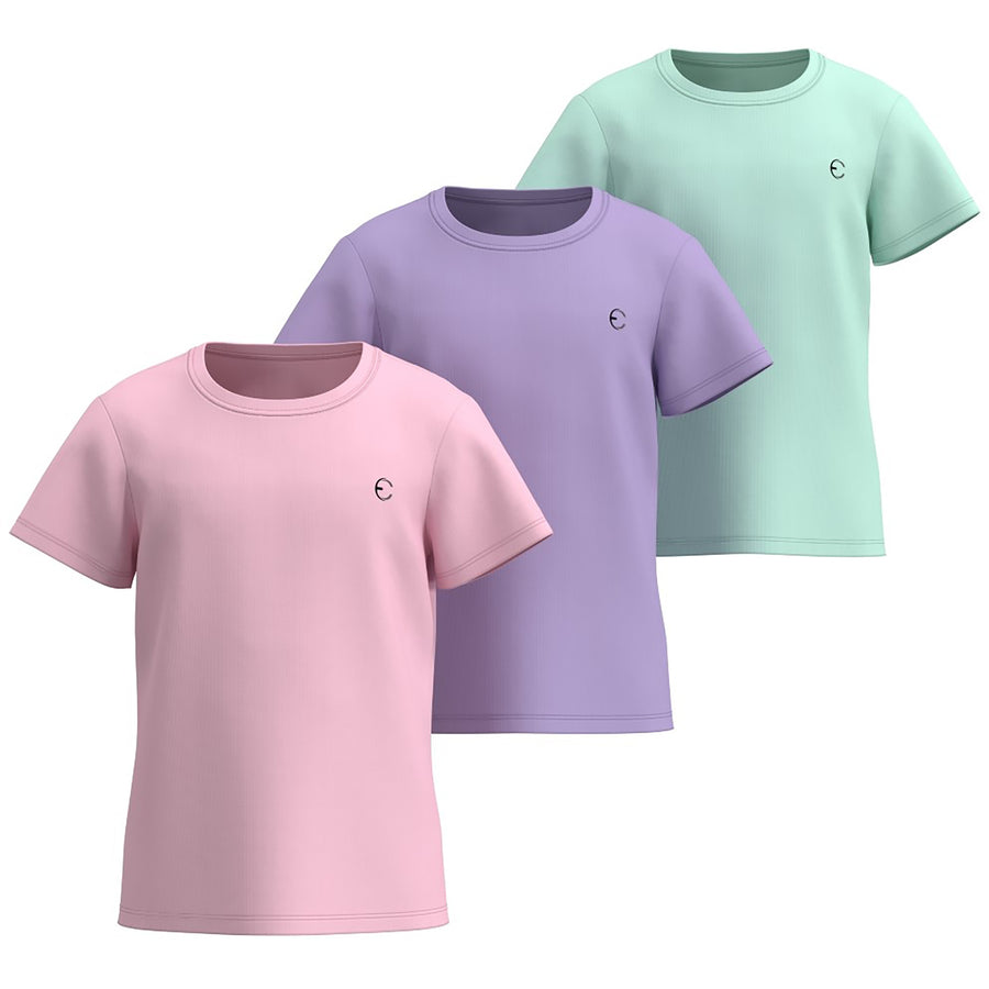 Essenclo girls dry fit crew neck T-shirts 3-pack, soft pink / lavender / mint green