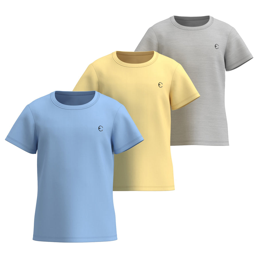 Essenclo girls dry fit crew neck T-shirts 3-pack, light blue / yellow / gray