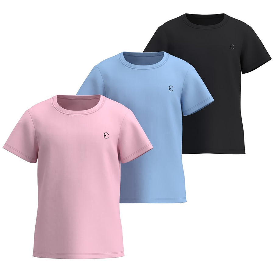 Essenclo girls dry fit crew neck T-shirts 3-pack, soft pink / light blue / black