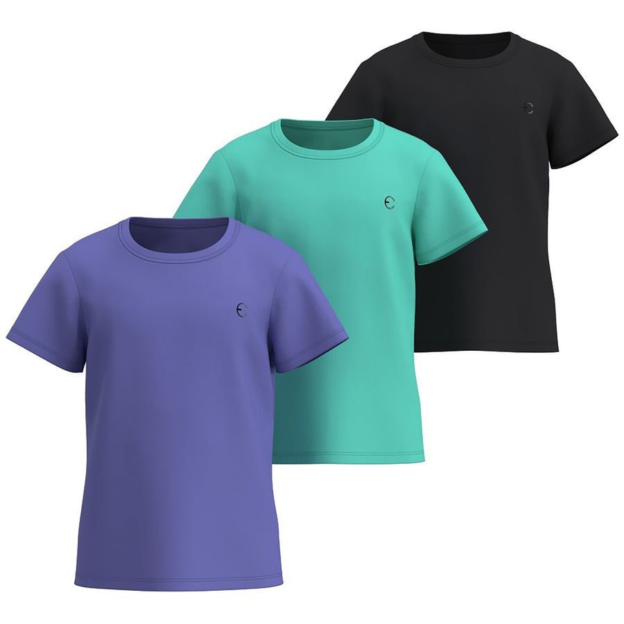 Essenclo girls dry fit crew neck T-shirts 3-pack, purple / teal green / black