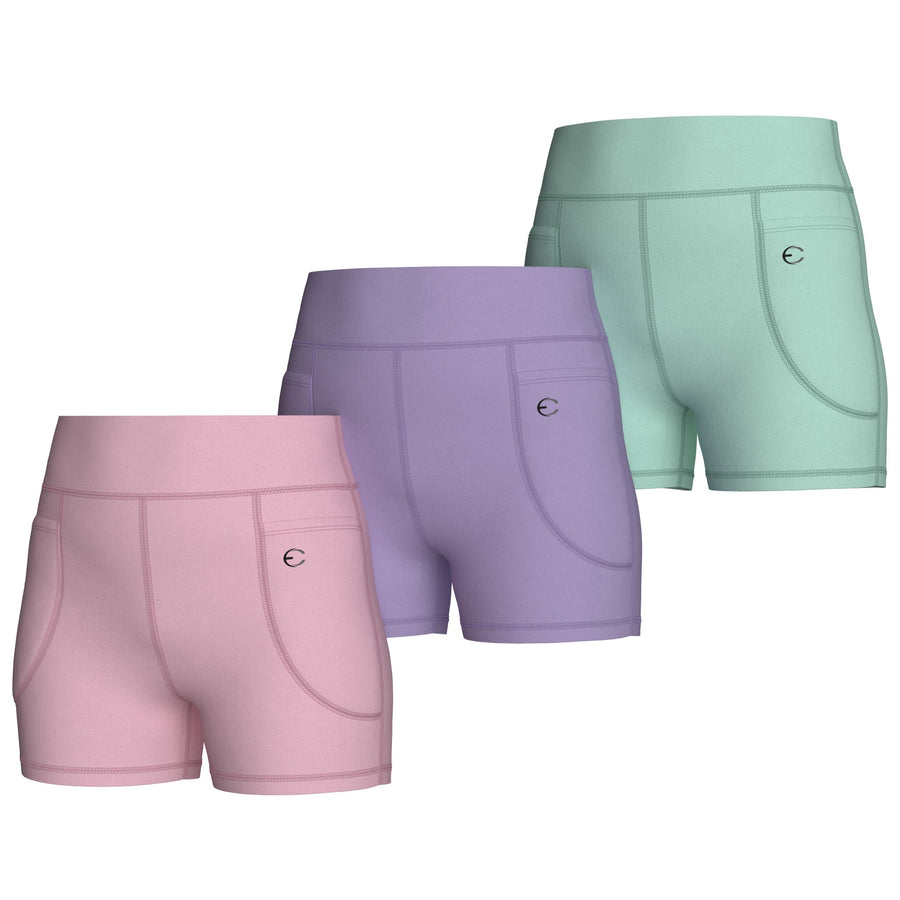 Essenclo girls high waisted biker shorts with pockets 3-pack, soft pink / lavender / mint green