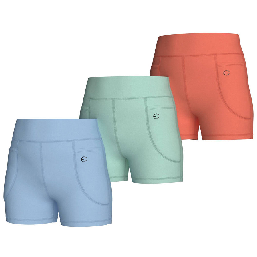 Essenclo girls high waisted biker shorts with pockets 3-pack, light blue / mint green / coral