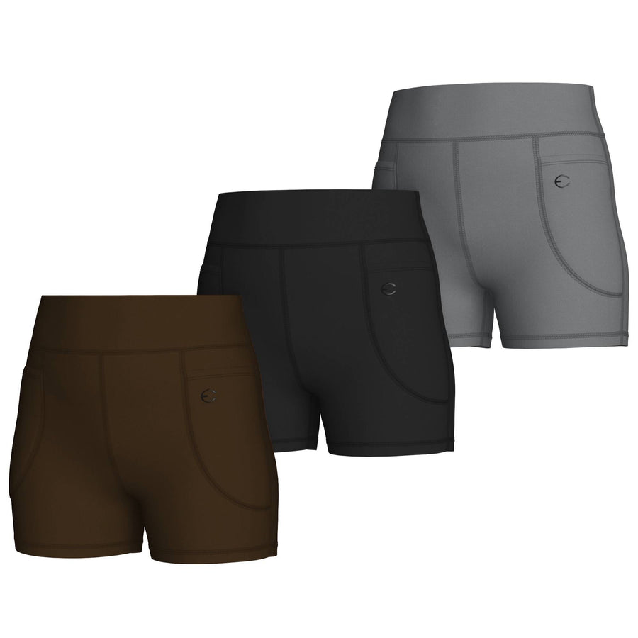 Essenclo girls high waisted biker shorts with pockets 3-pack, brown / black / gray