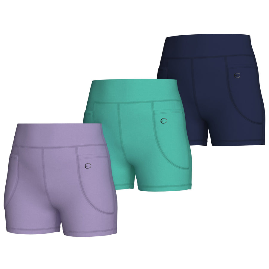 Essenclo girls high waisted biker shorts with pockets 3-pack, lavender / teal green / navy