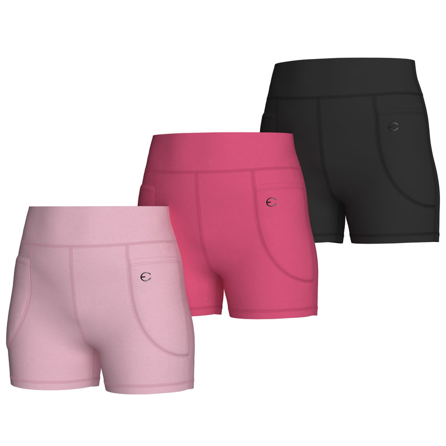 Essenclo girls high waisted biker shorts with pockets 3-pack, soft pink / pink / black