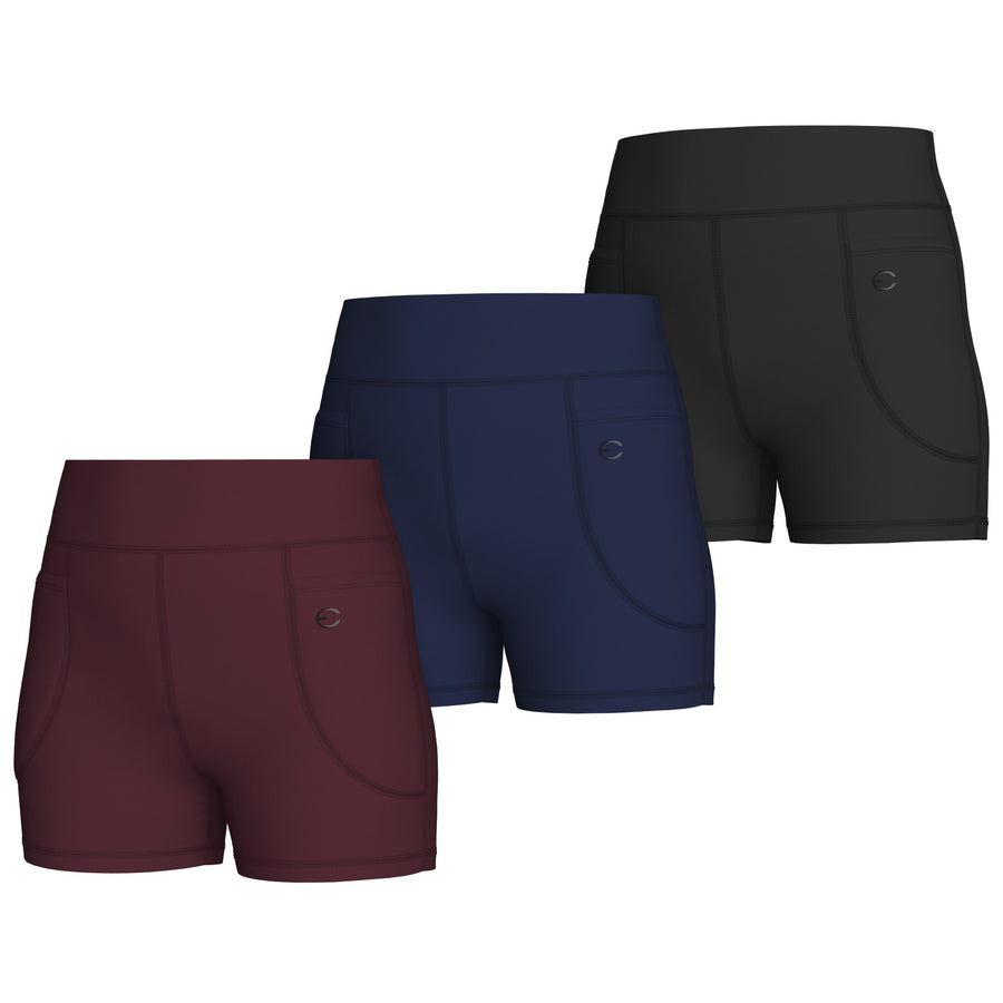 Essenclo girls high waisted biker shorts with pockets 3-pack, wine / navy / black