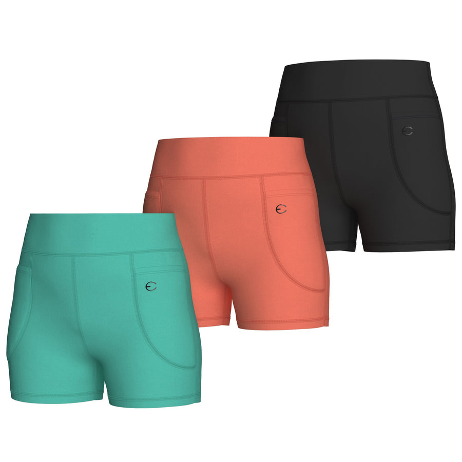 Essenclo girls high waisted biker shorts with pockets 3-pack, teal green / coral / black