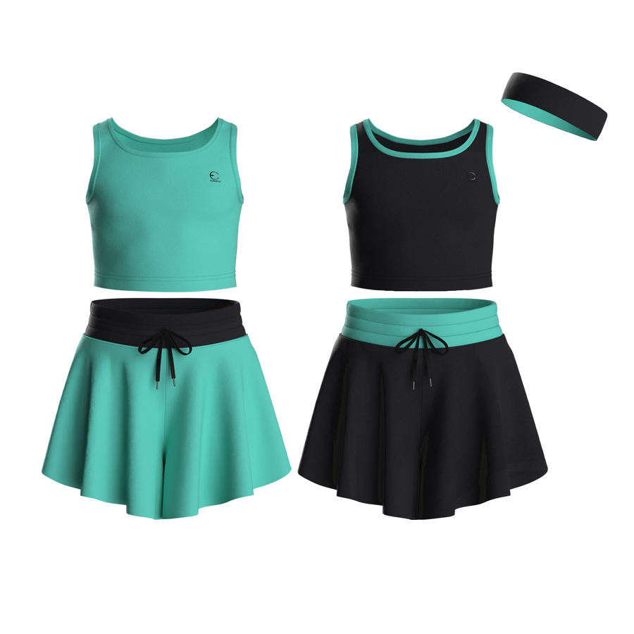 Essenclo girls butterfly shorts and tank top 5-piece set with headband, mint green / black
