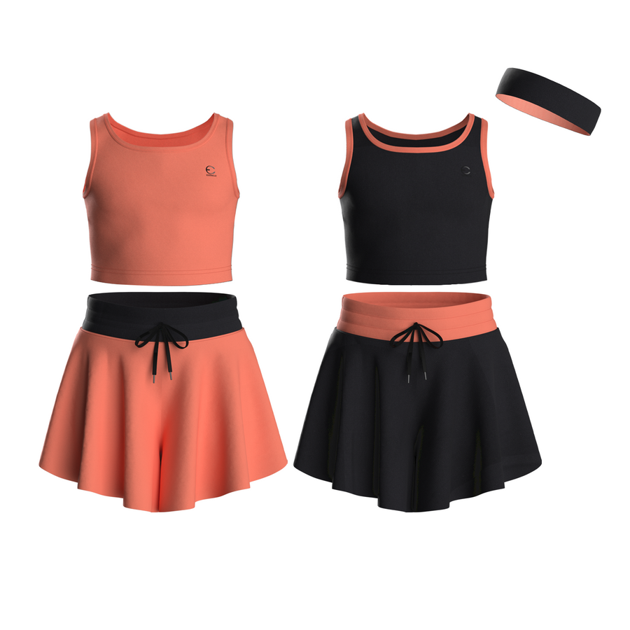 Essenclo girls butterfly shorts and tank top 5-piece set with headband, coral / black