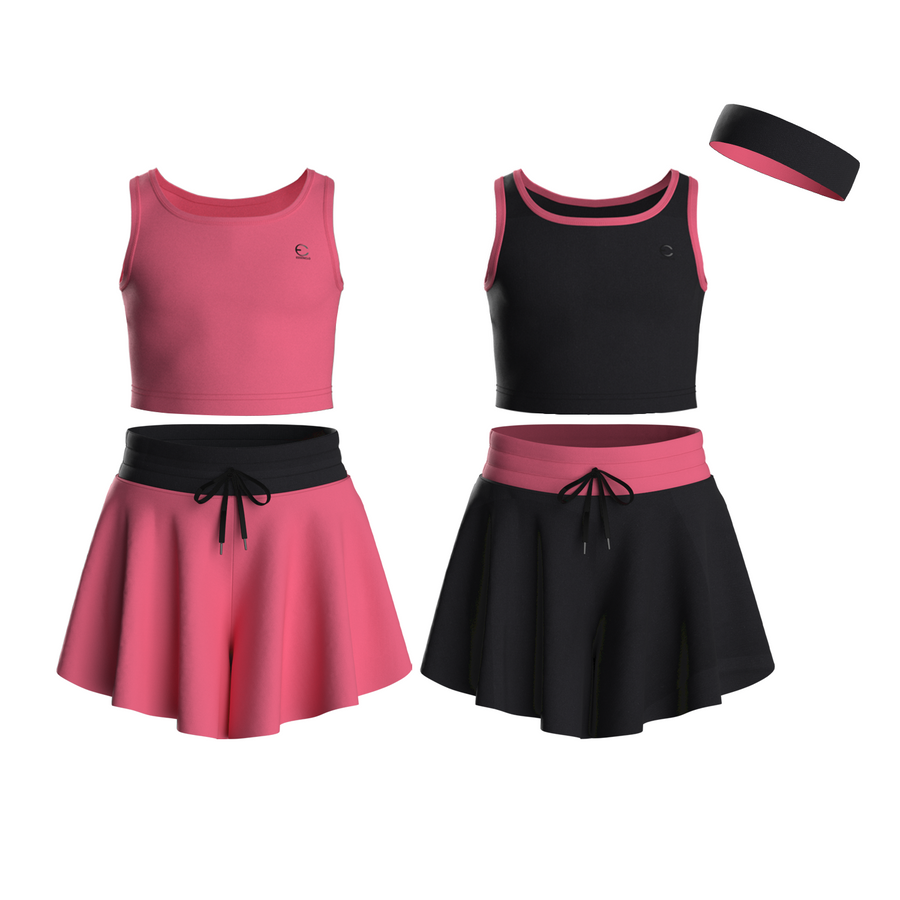 Essenclo girls butterfly shorts and tank top 5-piece set with headband, pink / black