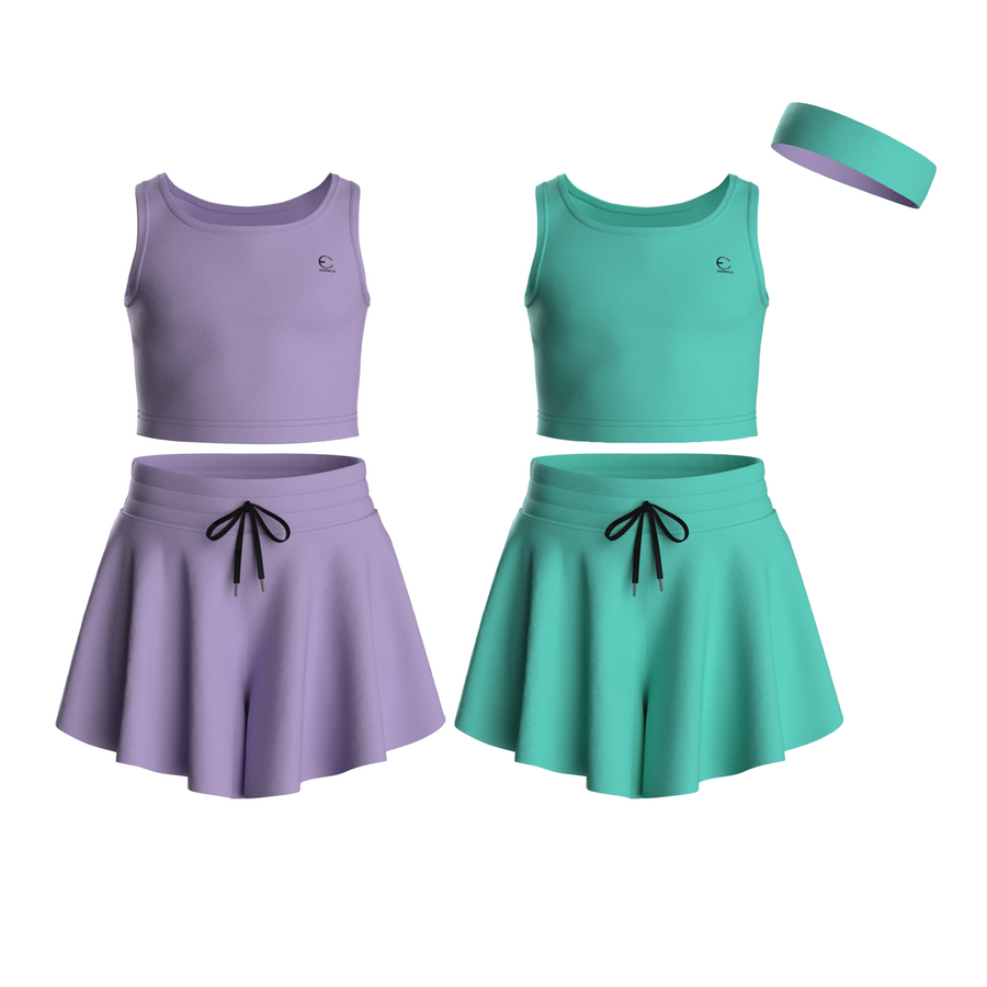 Essenclo girls butterfly shorts and tank top 5-piece set with headband, lavender / mint green
