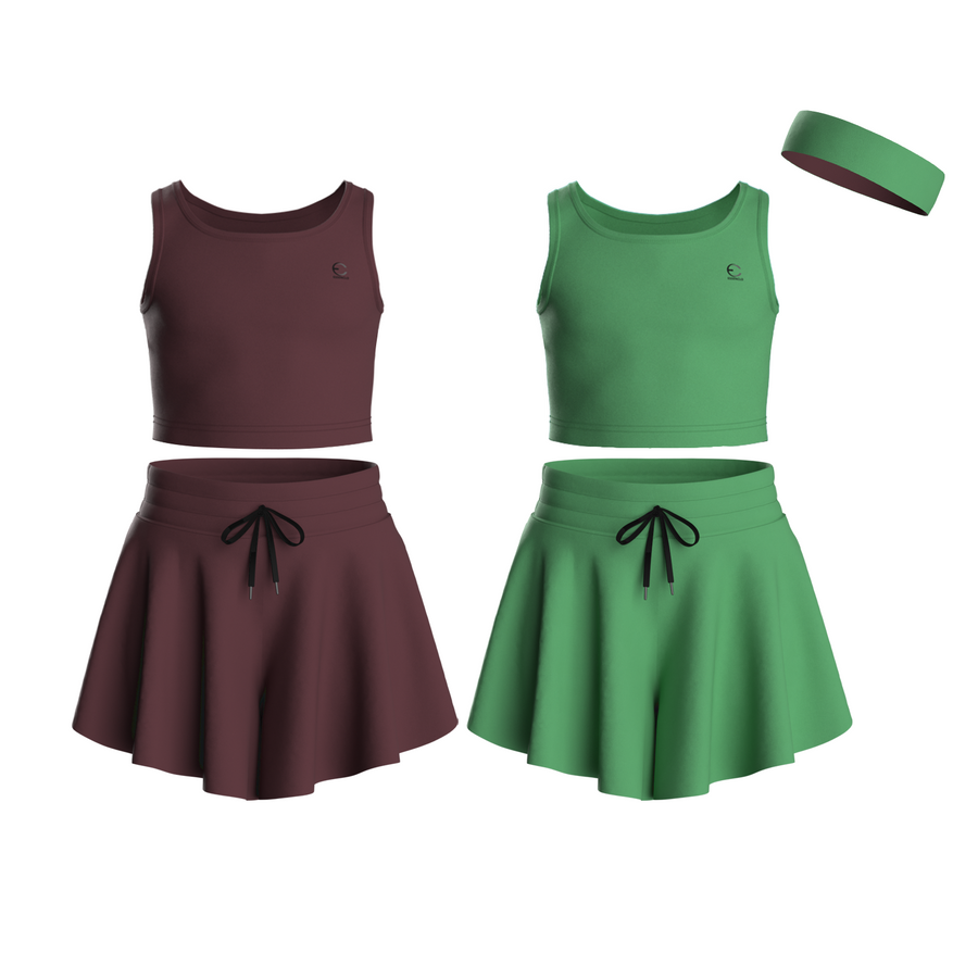Essenclo girls butterfly shorts and tank top 5-piece set with headband, wine / kelly green