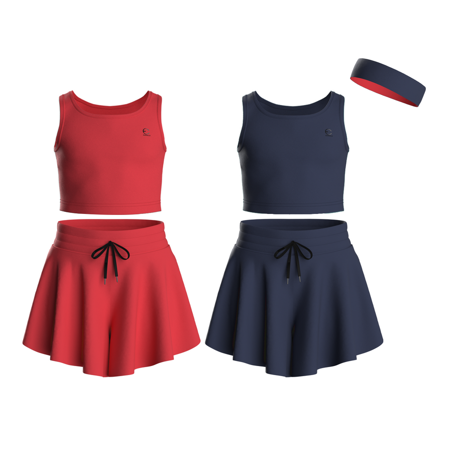 Essenclo girls butterfly shorts and tank top 5-piece set with headband, red / navy