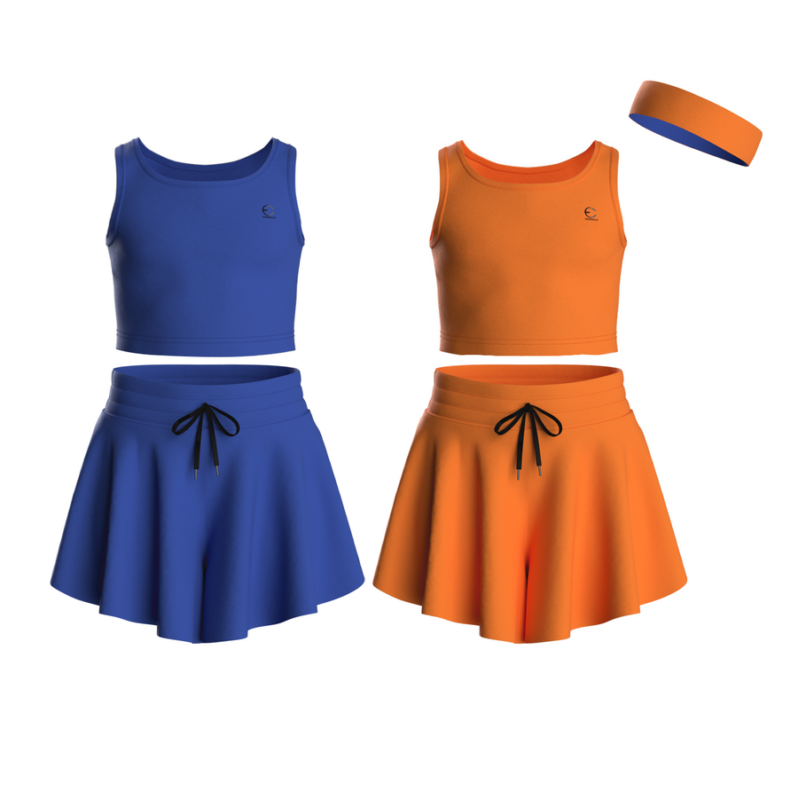 Essenclo girls butterfly shorts and tank top 5-piece set with headband, royal blue / orange