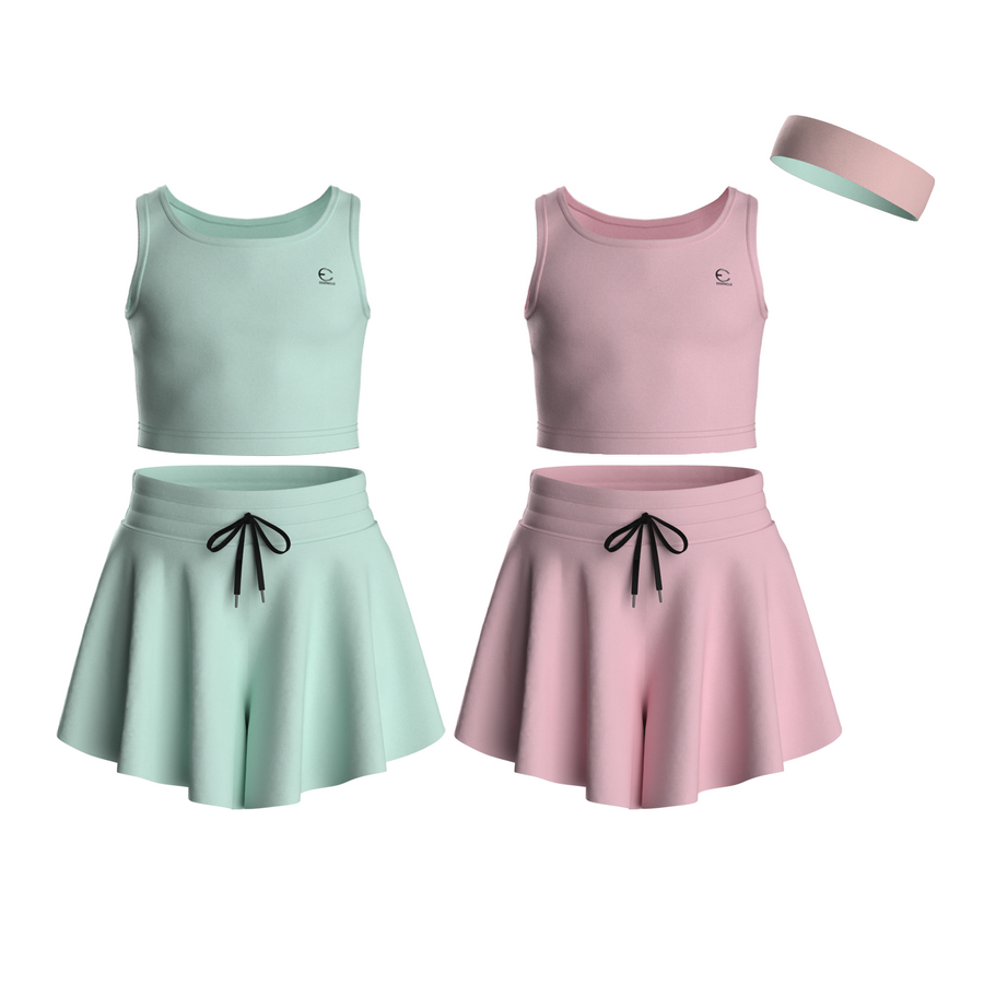 Essenclo girls butterfly shorts and tank top 5-piece set with headband, mint green / soft pink