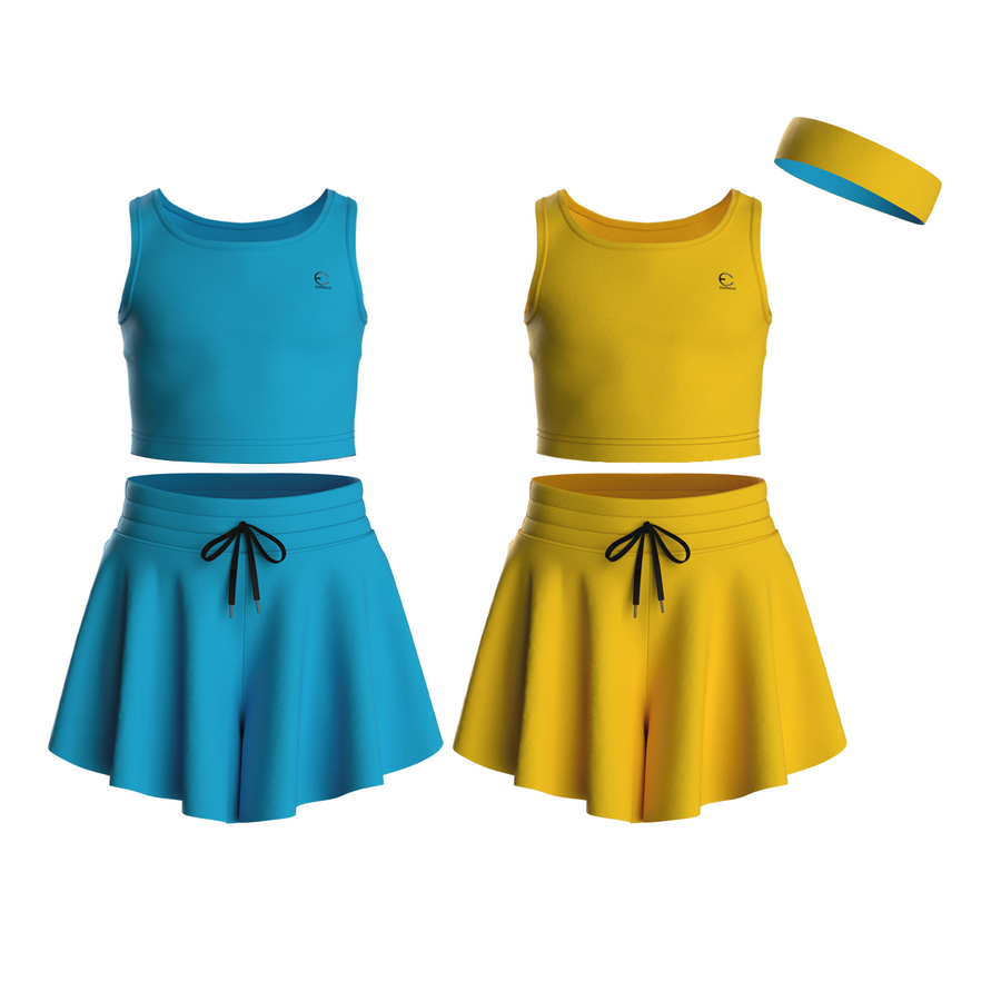 Essenclo girls butterfly shorts and tank top 5-piece set with headband, turquoise / mustard