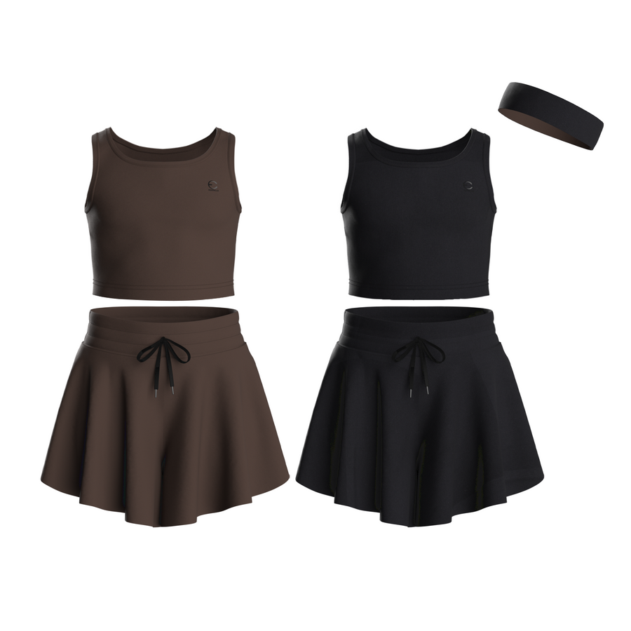 Essenclo girls butterfly shorts and tank top 5-piece set with headband, brown / black