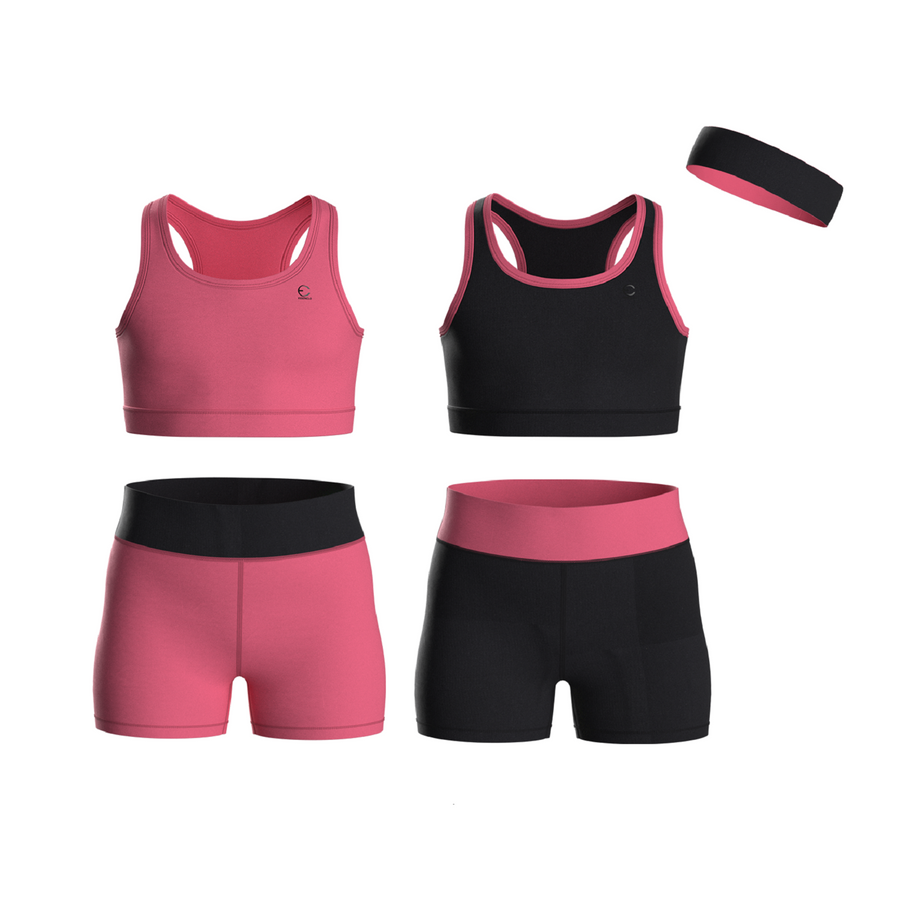 Essenclo girls biker shorts and racerback tank 5-piece set with headband, pink / black