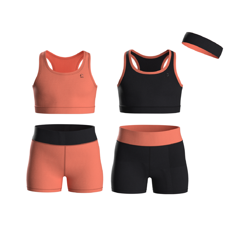 Essenclo girls biker shorts and racerback tank 5-piece set with headband, coral / black