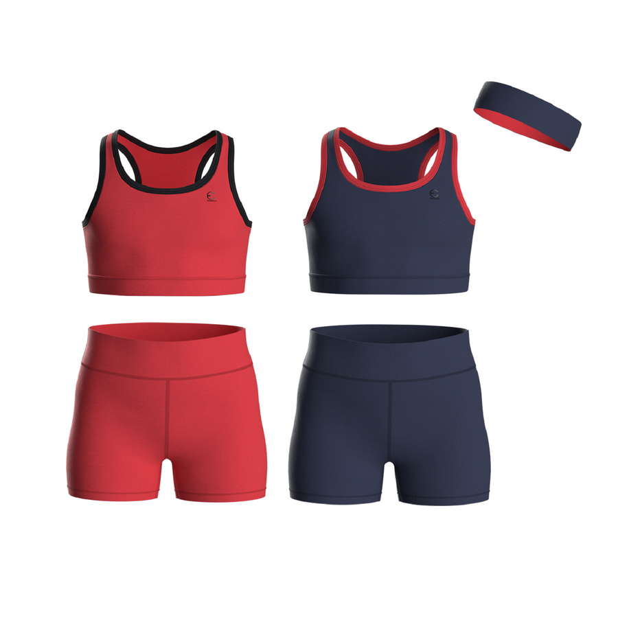 Essenclo girls biker shorts and racerback tank 5-piece set with headband, red / navy