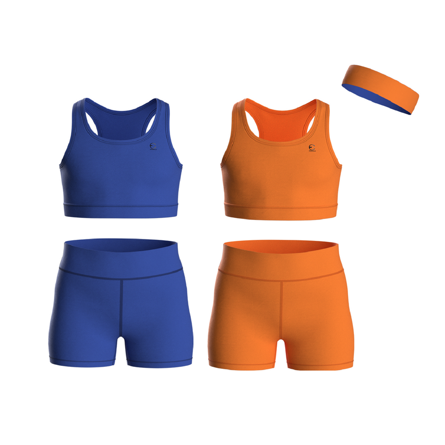 Essenclo girls biker shorts and racerback tank 5-piece set with headband, royal blue / orange