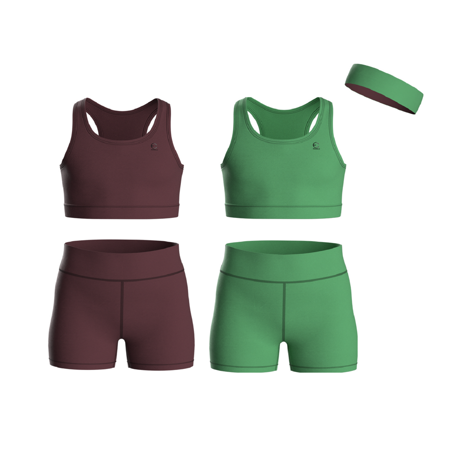 Essenclo girls biker shorts and racerback tank 5-piece set with headband, wine / kelly green