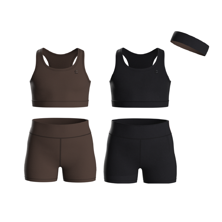 Essenclo girls biker shorts and racerback tank 5-piece set with headband, brown / black